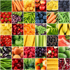 Collage with tasty fruits and vegetables