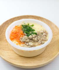 steamed egg on wooden dish