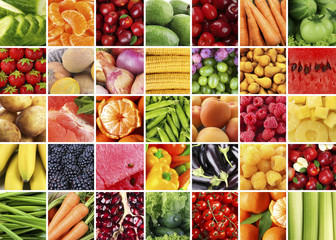 Collage with tasty fruits and vegetables
