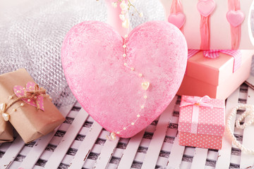 Big heart and handmade gifts on Valentine Day, close-up