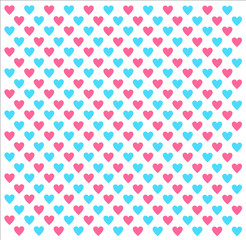 Pink and blue hearts on a white background