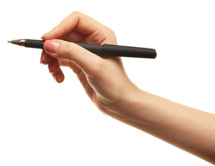 Female hand with pen isolated on white