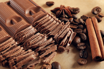 Chopped chocolate on parchment, closeup