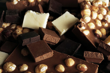 Set of chocolate with hazelnut, closeup