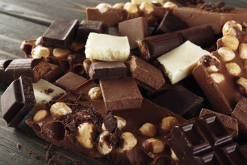 Set of chocolate with hazelnut, closeup
