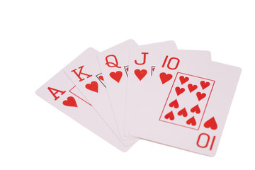 Royal flush playing cards isolated on white background