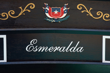 Detail of the replica of the Chilean Navy ship Esmeralda sunk in 1879 during the War of the Pacific...