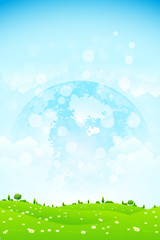Fototapeta premium Green Background with Planet in the Sky