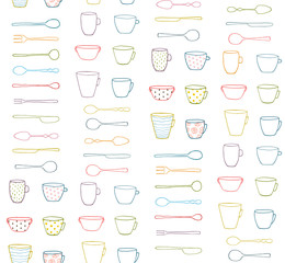 Cups Mugs Silverware Outline Seamless Pattern Background