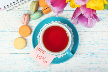 Composition with good morning top view on wooden background