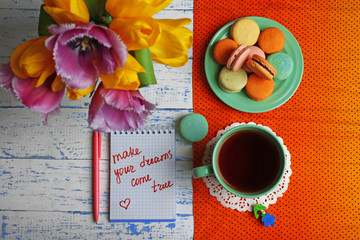 Composition with good morning top view on wooden background