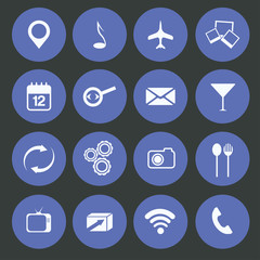 Media,food and communication icons set flat design