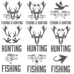 Set of vintage hunting and fishing labels and design elements