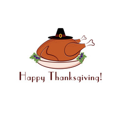 happy thanksgiving illustration with turkey and pilgrim hat