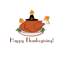 happy thanksgiving illustration with turkey, pilgrim hat and pum
