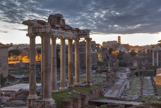 Roman Forum with Saturnus temple in Rome, Italy