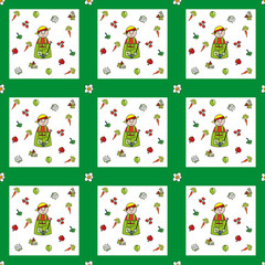 Colorful seamless with gardener  and vegetables