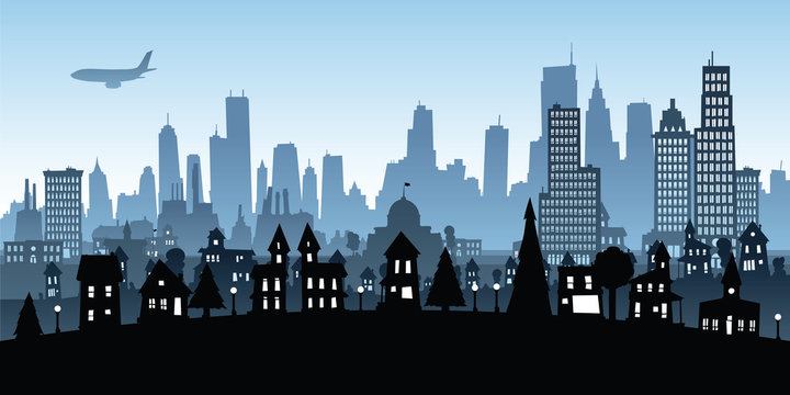 A cartoon silhouette cityscape of a big, busy city with houses and skyscrapers with a jet airliner passing overhead.