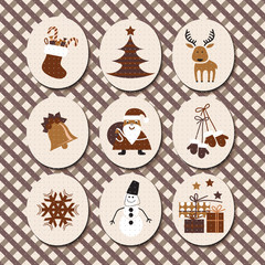 Christmas set Santa Claus, reindeer, stockings, gifts, candles, Christmas tree, snowman,snowflake, candy