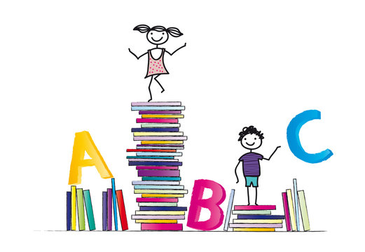 back to school - Fr&ouml;hliche Schulkinder mit bunten Buchstaben und vielen B&uuml;chern - Schulbeginn - Lesen lernen mit Spa&szlig; - Lesezeit f&uuml;r Leseratten