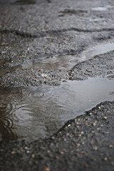 Holes with puddles on damaged asphalt background