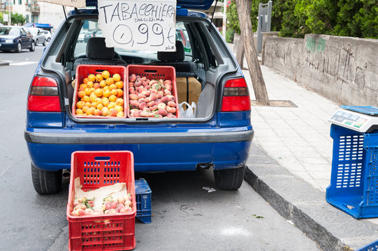 Characteristic Arrangement Of Fruit Boxes In A Street Seller's Car