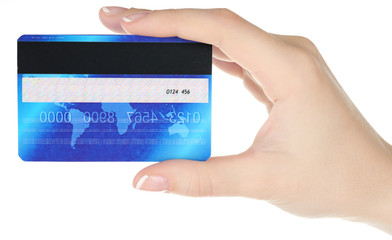 Hand holding credit card, isolated on white