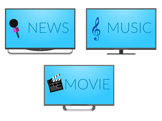 Three tv set with music, news and movies screen