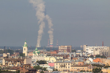 Obraz premium Rooftop view over St. Petersburg with nuclear power plant in the