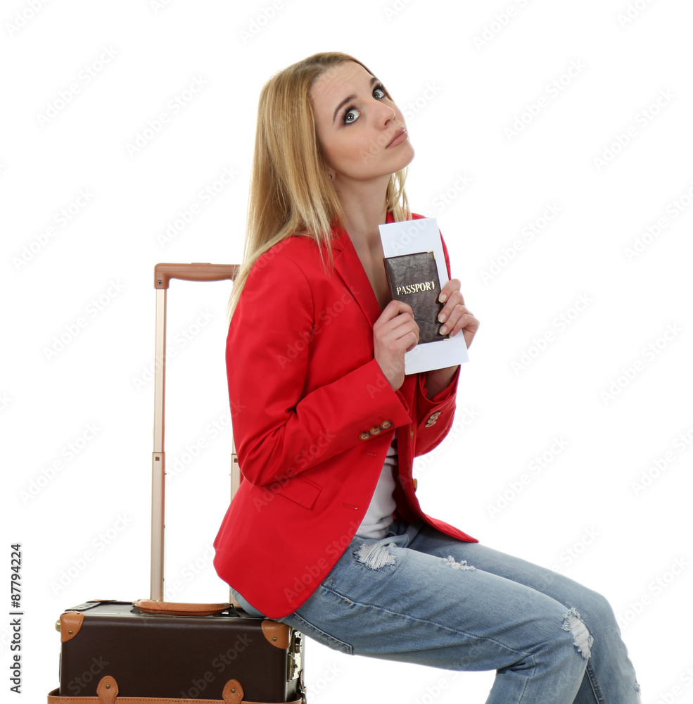 Poster Woman holding suitcase on light background