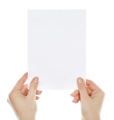 Hands holding blank card isolated on white