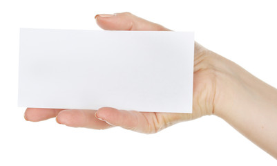 Hand holding blank card isolated on white