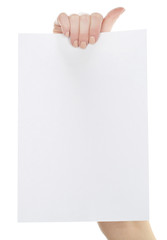 Hand holding blank card isolated on white