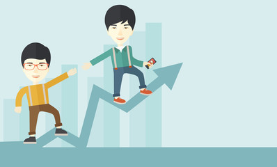 Two chinese guy walking in arrow going up.