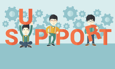 Three chinese men standing in the word support.