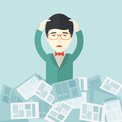 Japanese guy with paper works around him.