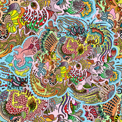 Cartoon vector doodles hand drawn abstraction. seamless pattern