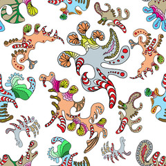 Cartoon vector doodles hand drawn abstraction. seamless pattern