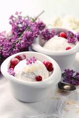 Beautiful composition with tasty ice cream and lilac flowers
