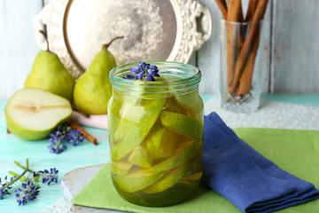 Pear juice with fresh fruits on table close up