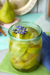Pear juice with fresh fruits on table close up