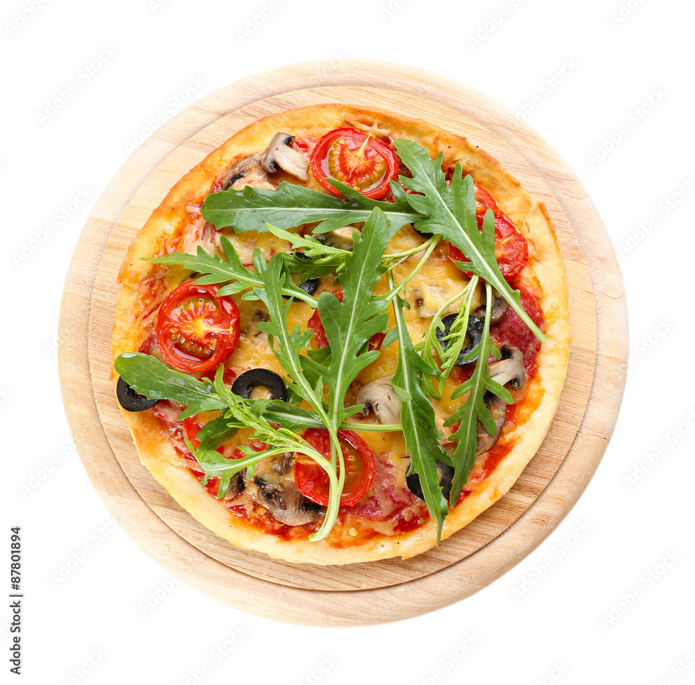 Sticker tasty pizza with vegetables and arugula on cutting board isolated on white