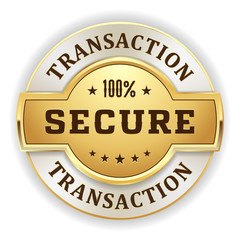 Gold round secure transaction vector badge on white background