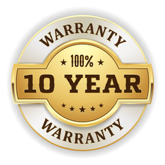 Gold round 10 year warranty vector badge on white background