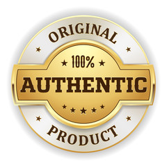 Gold round authentic product vector badge on white background