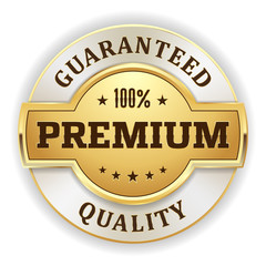 Gold round premium quality vector badge on white background