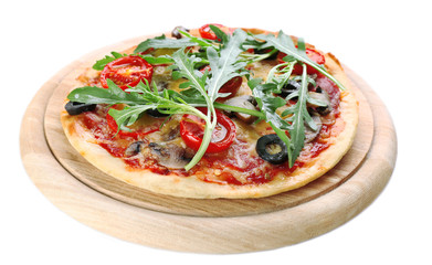 Tasty pizza with vegetables and arugula on cutting board isolated on white
