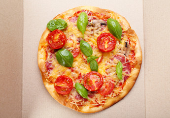 Tasty pizza with vegetables and basil in cardboard box close up