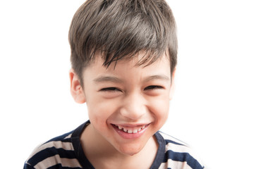 Little boy portrait close up face on white background