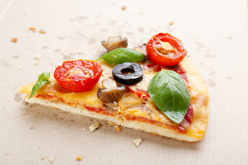 Slice of tasty pizza with vegetables and basil in cardboard box close up